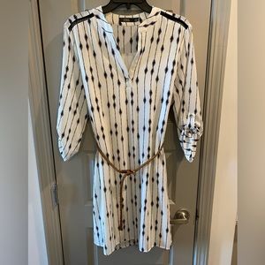 White belted dress with geometric pattern!